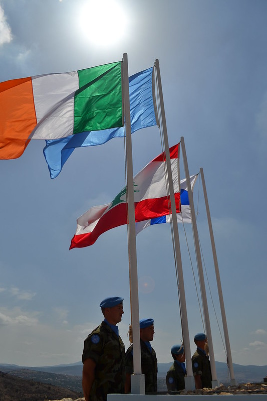 Irish Defence Forces participating in the UNIFIL 33 Flag Party in Lebanon, symbolising Ireland’s contribution to UN peacekeeping missions.