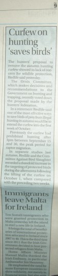 Photo: recent voluntary relocation of refugees to Ireland story, tucked away from 'main' stories on page 9 underneath a Birdlife press release. Times of Malta, 16th July 2013.