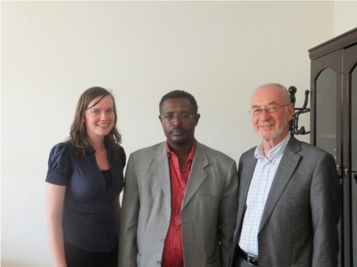 Photo: Jim Ferguson with fellow Irish volunteer Aisling Healy and the President of Woldia University, Ethiopia by VSO Ireland/Donnacha Maguire. 