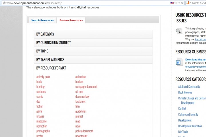 Screenshot of resources catalogue
